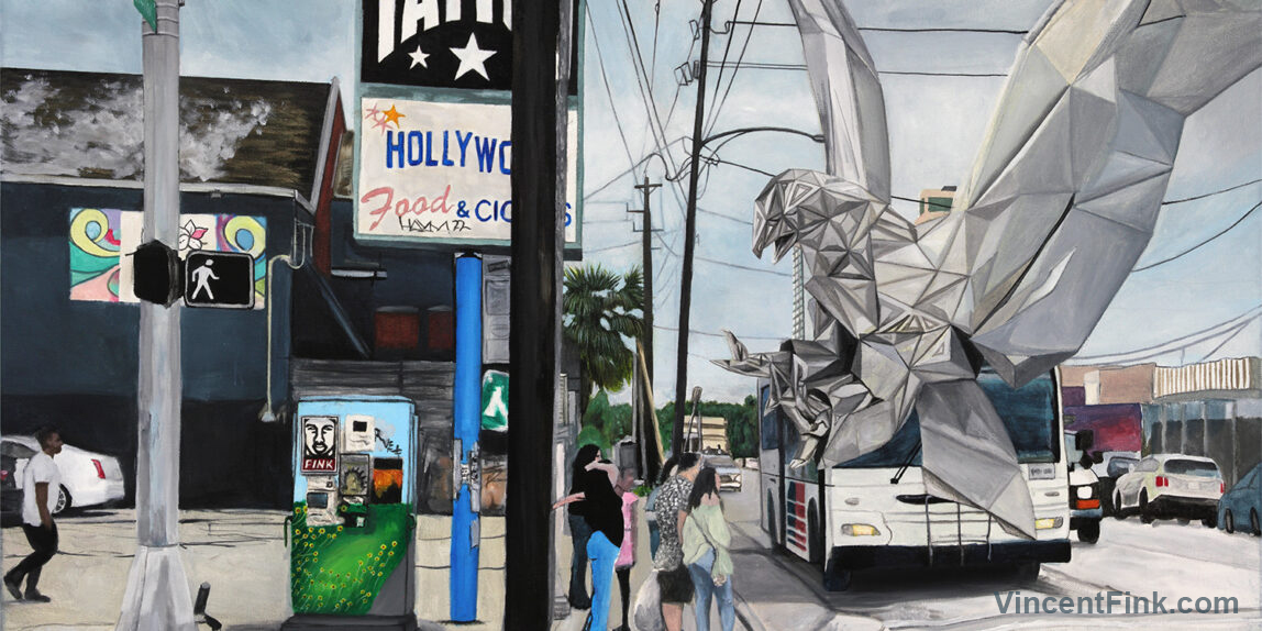 Montrose Houston, TX street scene painting showing giant Sacred Geometry Eagle attacking a crowd of people near Shaw's Tattoos and Common Bond Coffee.