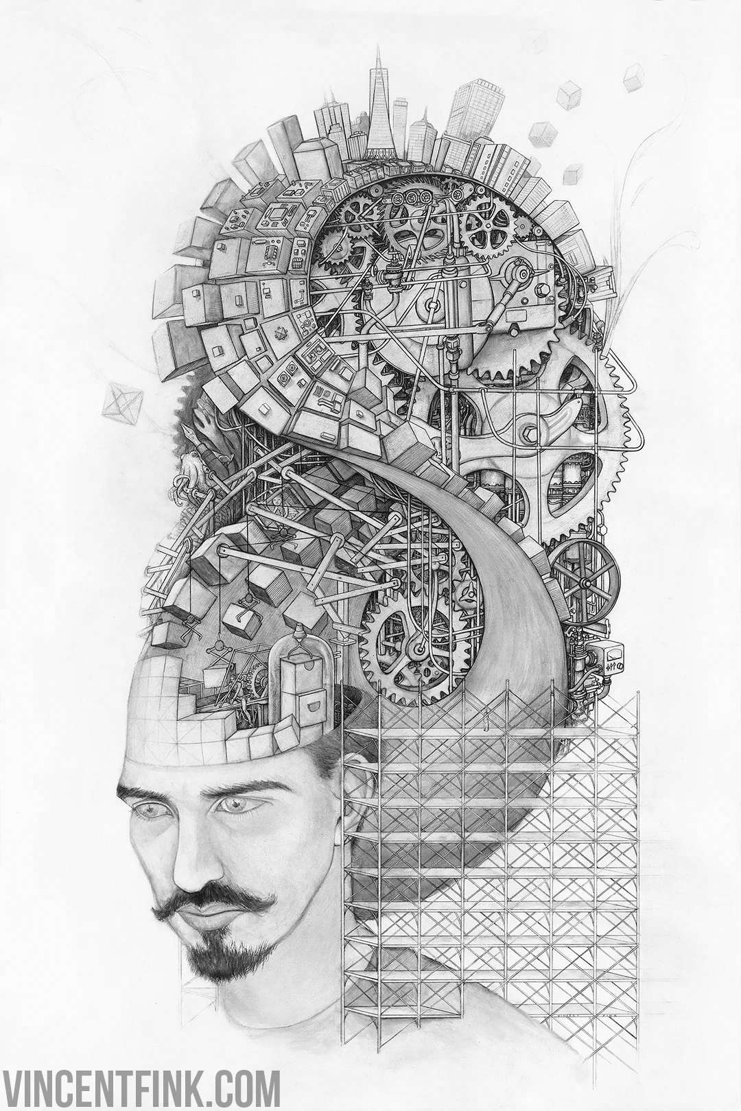 machine mind super crazy detailed ink drawing steampunk gears and mobius strip